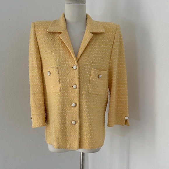Vintage St.John Yellow Nubby Knit Luxury Dog Show Cardigan Sweater 8